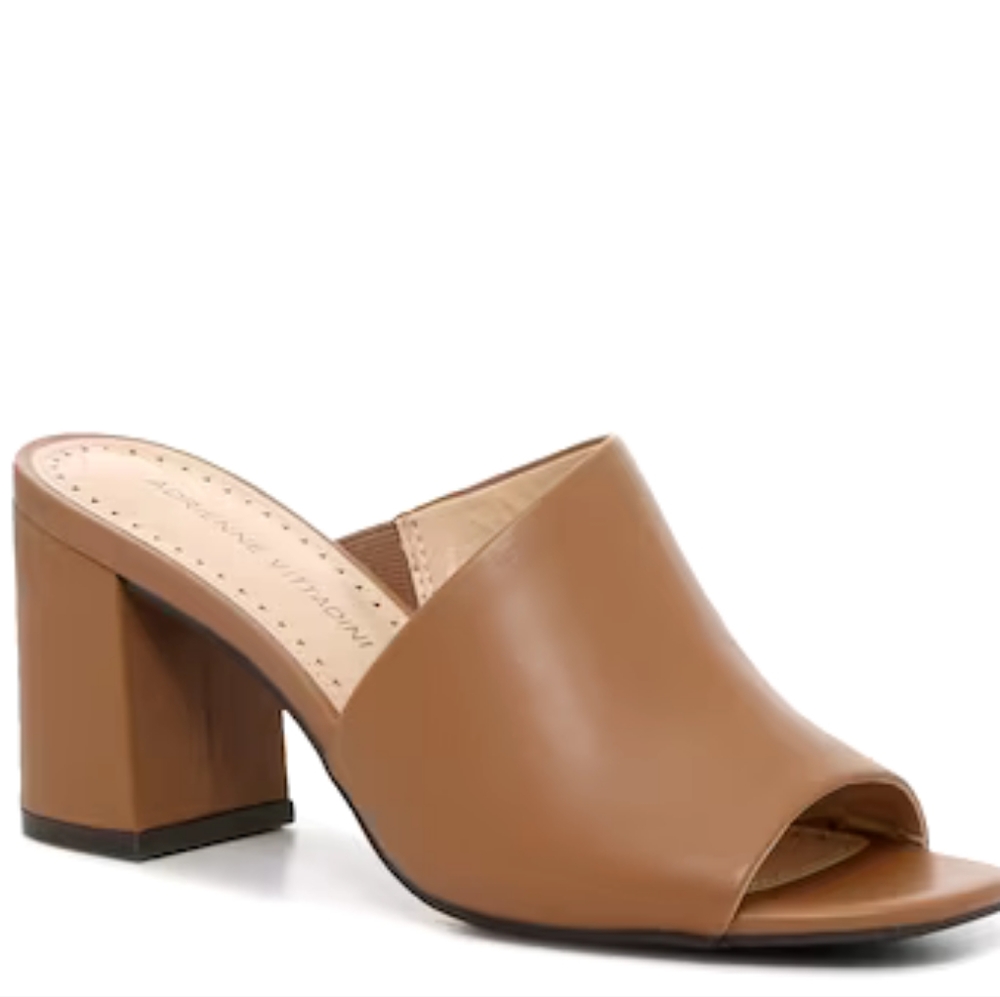 Adrienne Vittadini Faux Leather Block Heel Open Toed Mule Sandal